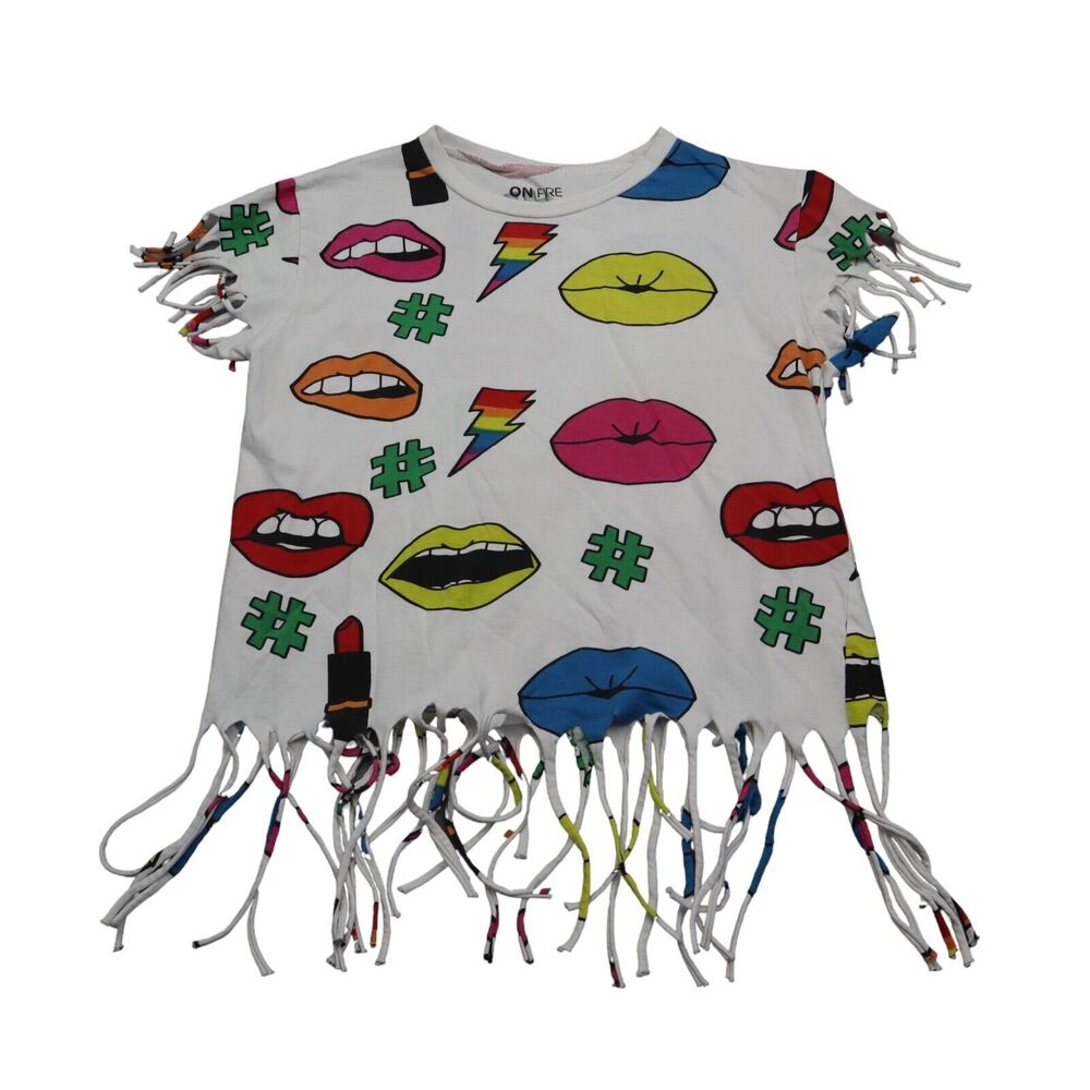On Fire Shirt Womens L Multicolor Short Sleeve Crew Neck Fringe Hem Tee